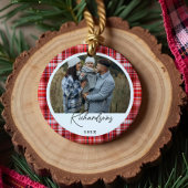 Gezellige Rood en Wit Plaid stof Familie Foto Keramisch Ornament