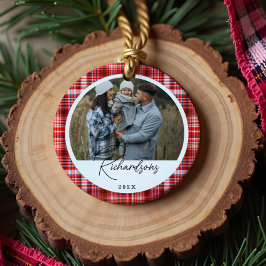 Gezellige Rood en Wit Plaid stof Familie Foto Keramisch Ornament