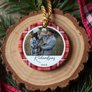 Gezellige Rood en Wit Plaid stof Familie Foto Keramisch Ornament