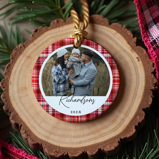Gezellige Rood en Wit Plaid stof Familie Foto Keramisch Ornament
