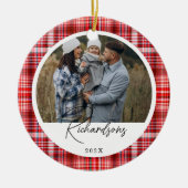 Gezellige Rood en Wit Plaid stof Familie Foto Keramisch Ornament (Voorkant)