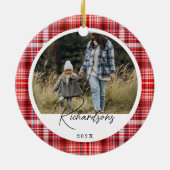 Gezellige Rood en Wit Plaid stof Familie Foto Keramisch Ornament (Achterkant)