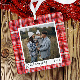 Gezellige Rood en Wit Plaid stof Familie Foto Metalen Ornament