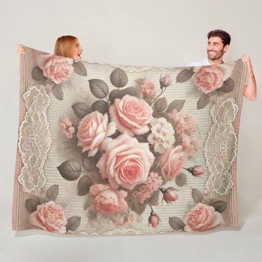 Gezellige  Roze Bloem Fleece Deken (In situ)