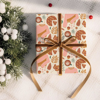 Gezellige roze & bruine dennenappels geruite kerst cadeaupapier