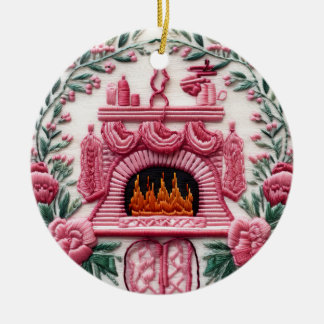 Gezellige Roze Kerst Open haard Keramisch Ornament