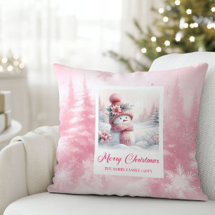 Gezellige Roze Sneeuwman Winter Scene Kerstkussen Kussen