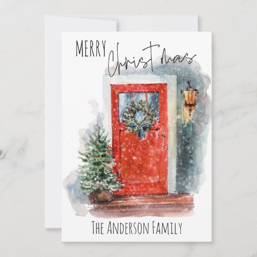 Gezellige Rustieke Boerderij Land Waterverf Kerstm Feestdagenkaart (Voorkant)
