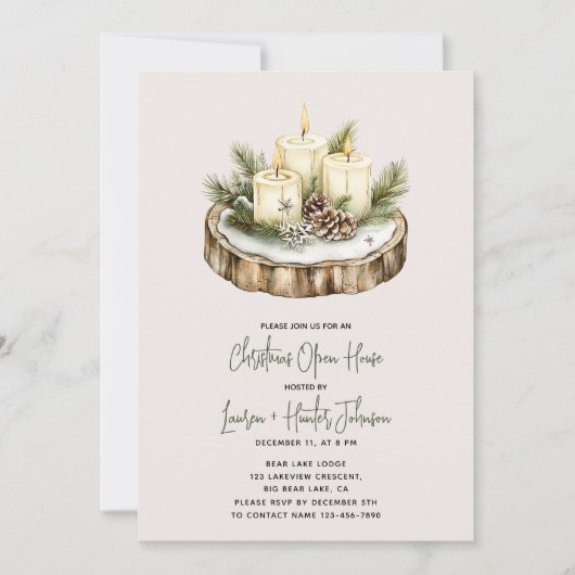 Gezellige Rustieke Kaars Kerstmis Open House Party Kaart (Voorkant)