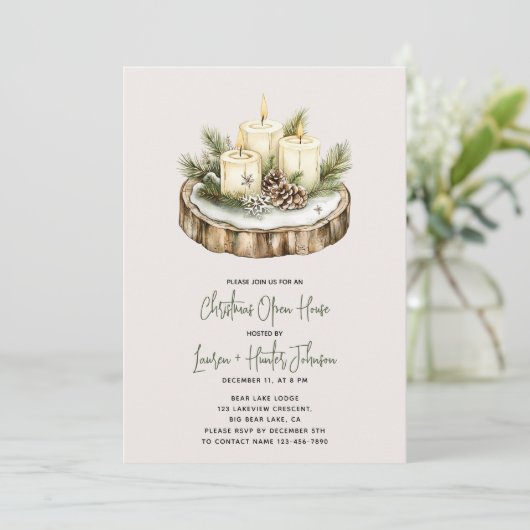Gezellige Rustieke Kaars Kerstmis Open House Party Kaart (Staand voorkant)