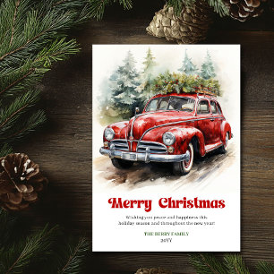 Gezellige rustieke Kerstmis rode auto watercolorsc Feestdagenkaart
