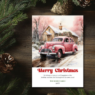 Gezellige rustieke kerstscene roze auto aquarel feestdagenkaart