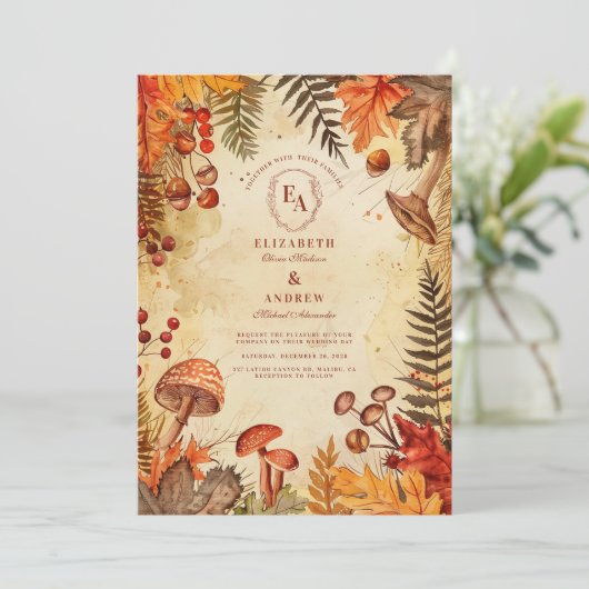 Gezellige rustieke val verlaat bruiloft kaart (Staand voorkant)