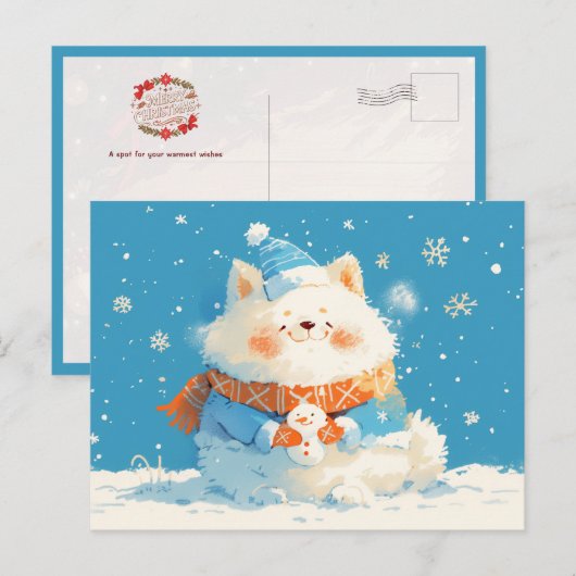Gezellige Samoyed Hond met Mini Sneeuwman Briefkaart (Voorkant / Achterkant)