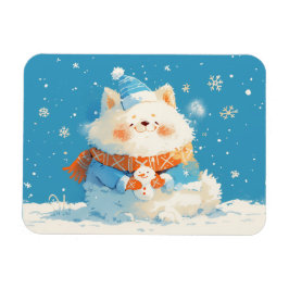 Gezellige Samoyed Hond met Mini Sneeuwman Magneet