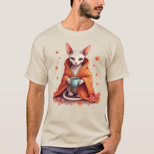 Gezellige Sphynx Kat Gewikkeld in Deken met Koffie T-shirt (Voorkant)