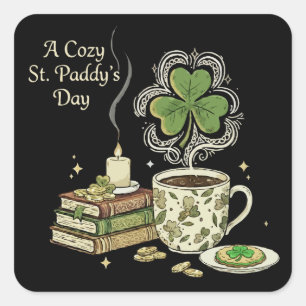 Gezellige St. Paddy's Day Ierse Koffie en Oud Boek Vierkante Sticker