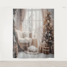 Gezellige stoel, besneeuwd raam en elegante boomac