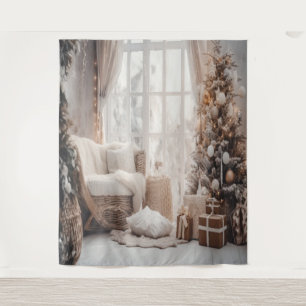 Gezellige stoel, besneeuwd raam en elegante boomac wandkleed