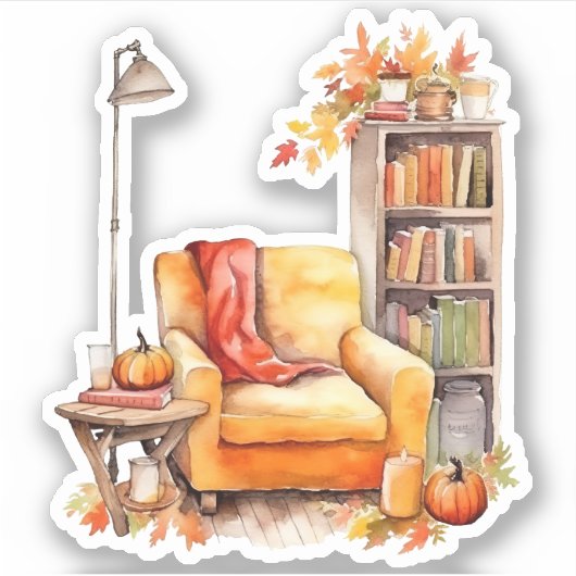 Gezellige stoel, lamp en boeken Herfst Sticker (Voorkant)