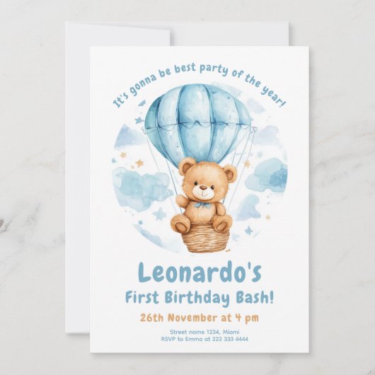 Gezellige Teddy Balloon 1e verjaardag Kaart (Voorkant)