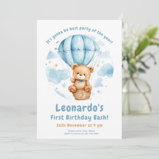 Gezellige Teddy Balloon 1e verjaardag Kaart (Staand voorkant)