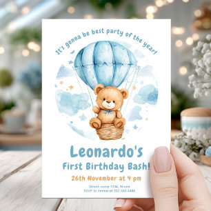 Gezellige Teddy Balloon 1e verjaardag Kaart