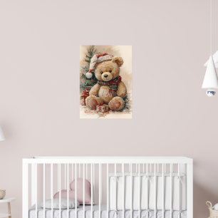 Gezellige teddybeer met kerstmuts en kerstboom poster