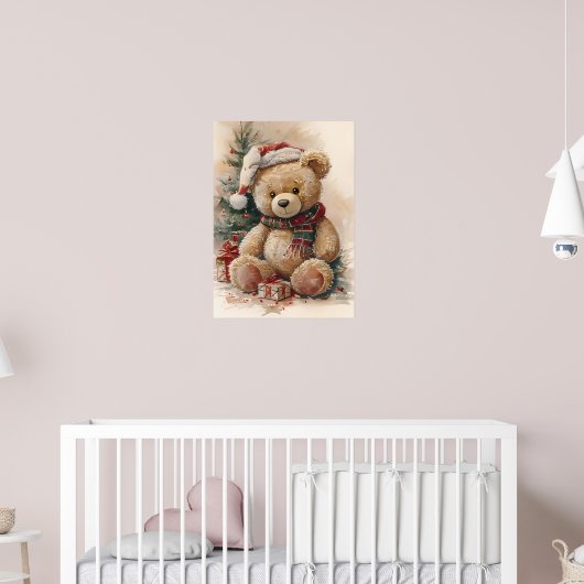 Gezellige teddybeer met kerstmuts en kerstboom poster (Kinderkamer 2)