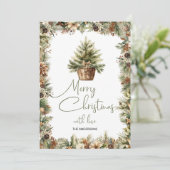 Gezellige terracotta en wijze kerstboom in zak feestdagenkaart (Staand voorkant)