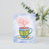 Gezellige theekop en roze harten feestdagenkaart (Staand voorkant)