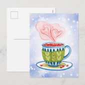 Gezellige theekop en roze harten feestdagenkaart (Voorkant / Achterkant)