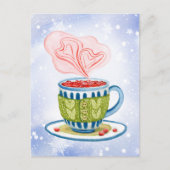 Gezellige theekop en roze harten feestdagenkaart (Voorkant)