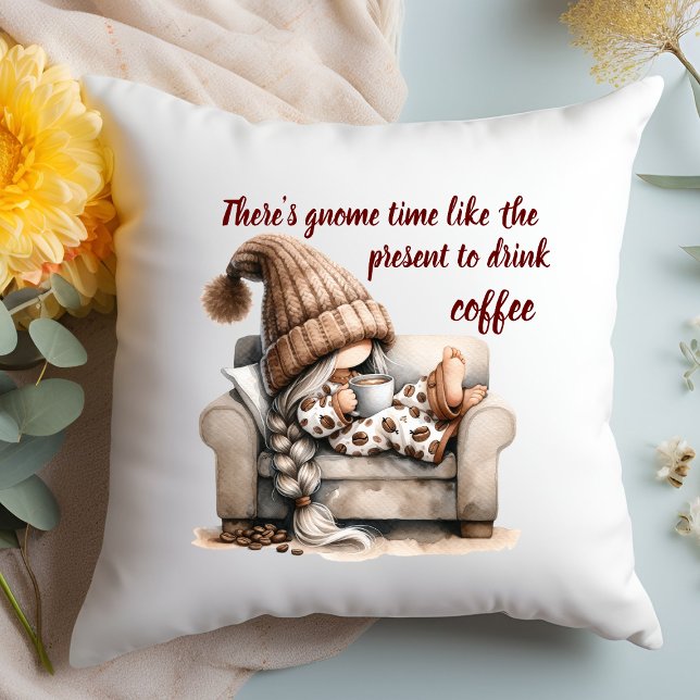 Gezellige tweekleurige Waterverf Gnome Sierkussen (There's gnome time like the present to drink coffee accent pillow)