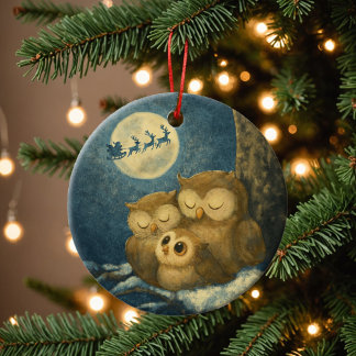 Gezellige Uil Familie Kerstavond Baby Uiltje Keramisch Ornament