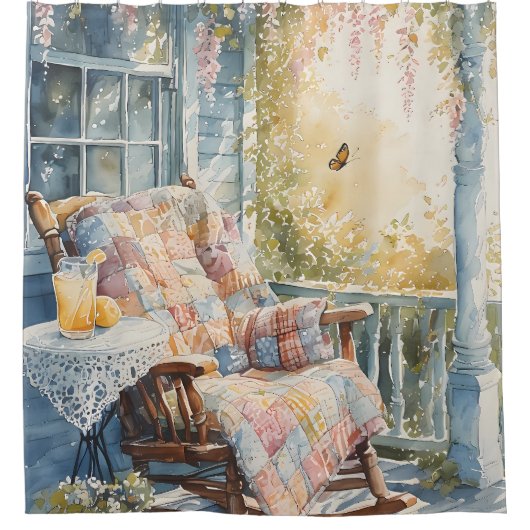 Gezellige veranda met quilt en limonade charme douchegordijn (Voorkant)