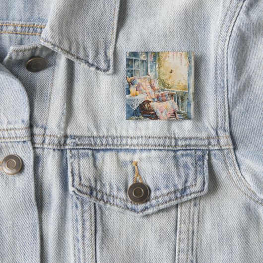 Gezellige veranda met quilt en limonade charme vierkante button 5,1 cm (In situ)