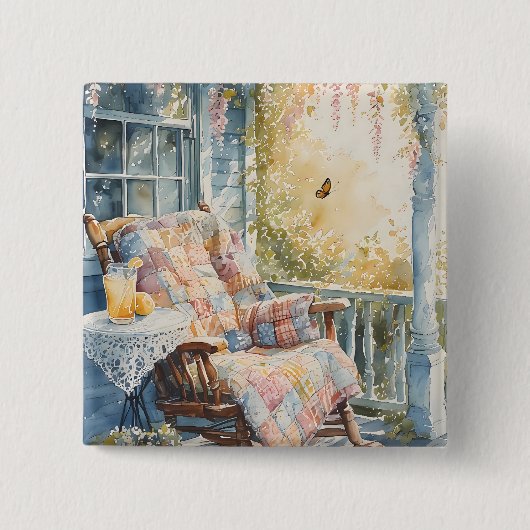 Gezellige veranda met quilt en limonade charme vierkante button 5,1 cm (Voorkant)