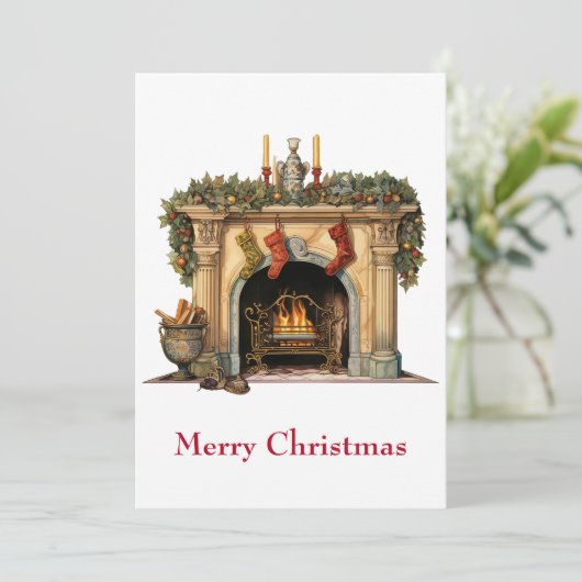 Gezellige Victoriaans open haard kerst Feestdagenkaart (Staand voorkant)