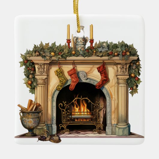 Gezellige Victoriaans open haard kerst Keramisch Ornament (Voorkant)