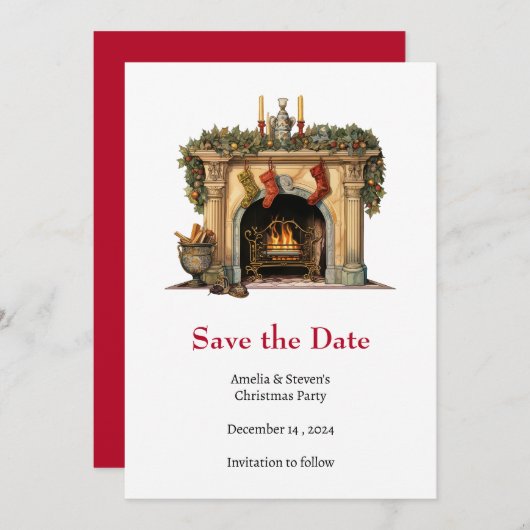 Gezellige Victoriaans open haard kerst Save The Date (Voorkant / Achterkant)
