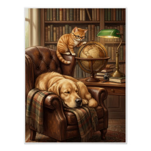 Gezellige Vintage Bibliotheek Hond En Kat Studeer Perfect Poster