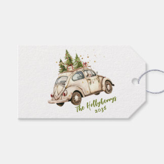Gezellige Vintage Kerstauto Gepersonaliseerd Famil Cadeaulabel