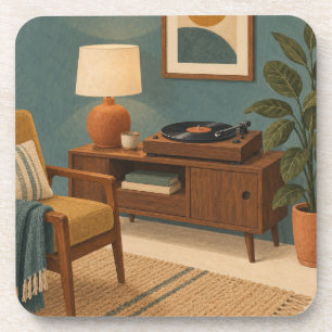 Gezellige vinyl platenspeler in een midcentury tur bier onderzetter