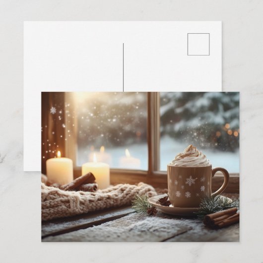 Gezellige warme chocolademelk met crème en kaarsen feestdagenkaart (Voorkant / Achterkant)