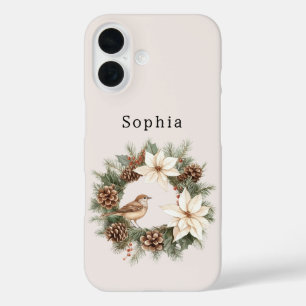 Gezellige warme kerst poinsettia dennenappels voge iPhone 16 hoesje