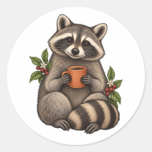 Gezellige wasbeer met koffie en botanische bladere ronde sticker