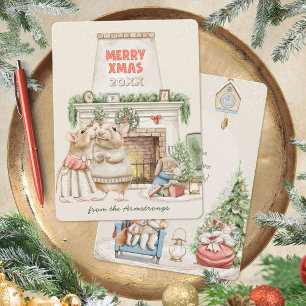 Gezellige watercolor muizen Vintage Kerstmis Feestdagenkaart