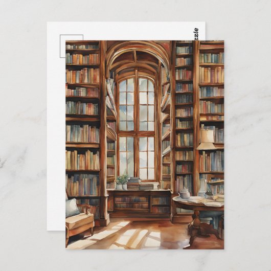 Gezellige Waterverf Bibliotheek Briefkaart (Voorkant / Achterkant)