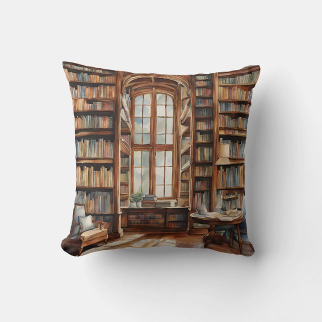 Gezellige Waterverf Bibliotheek Kussen (Voorkant)